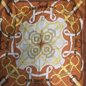 Hermes Orange, White & Gold Silk Scarf with Equestrian Bit Motif